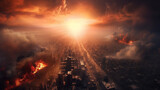 Dystopische Stadtlandschaft bei Sonnenuntergang

