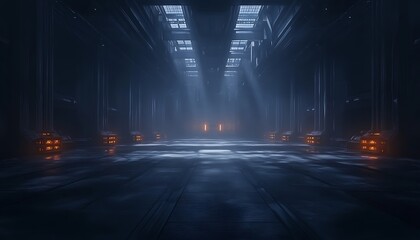 Poster - A dark, atmospheric space with rays of light and glowing elements, creating a mysterious and futuristic environment.