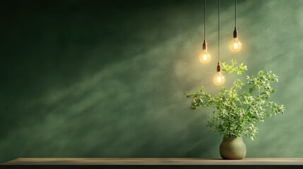 Poster - A minimalist arrangement featuring three glowing hanging bulbs casting warm light on a vase filled with green foliage, set on a simple wooden surface.