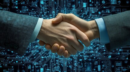 Aufkleber - Two people shaking hands in front of a computer screen with a lot of wires