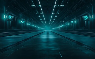 Poster - A dimly lit, futuristic corridor with a sleek, reflective floor, illuminated by cool blue lights, creating a mysterious and high-tech atmosphere.