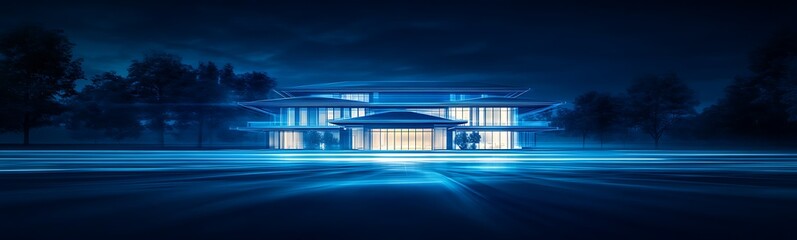 Aufkleber - A modern, illuminated building surrounded by a bluish glow, set against a dark background, evoking a futuristic ambiance.