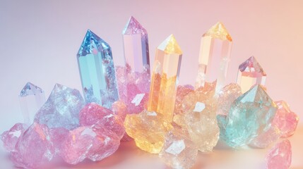 Poster - Beautiful Faceted Crystal Shapes in Soft Pastel Colors with Sparkling Effects on a Magical Background, Perfect for Artistic and Aesthetic Projects