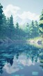 © fourtakig - Tranquil Low Poly Landscape with Forest, Serene Lake Surface, Misty Atmosphere, and Reflections of Trees and Mountains in Peaceful Natural Setting