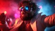 © Larisa AI - A man wearing reflective sunglasses and a white jacket is immersed in a lively nightlife scene with colorful lights, embodying style and carefree enjoyment.