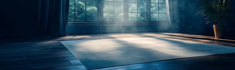 Aufkleber - A serene, dimly lit room with sunlight streaming through a window, creating a tranquil atmosphere highlighted by smoke and shadows.