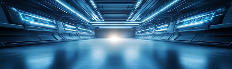Poster - A futuristic corridor illuminated with blue lights, showcasing a sleek, modern design, leading to a bright focal point at the end.