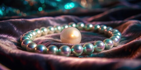 Poster - A single pearl, a symbol of purity and elegance, rests in a circle of pearls on soft, plush fabric, bathed in the glow of ethereal lighting.