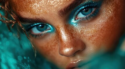Poster - A breathtaking close-up of a person enveloped in vibrant blue glitter, focusing on expressive eyes, capturing an essence of mystery and bold artistic expression.