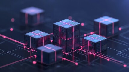Poster - A close-up view of glowing, transparent cubes on a dark patterned surface, representing concepts of technology, data, and digital innovation.