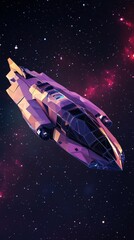Poster - Futuristic Low Poly Spaceship Orbiting a Distant Planet in Deep Cosmic Space with Vibrant Nebula Background