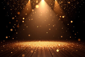 golden confetti rain on festive stage with light beam in the middle, empty room at night mockup with copy space for award ceremony, jubilee, New Year's party or product presentations
