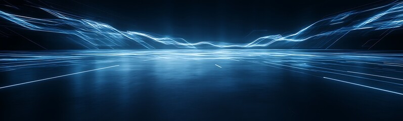 Poster - A futuristic scene featuring blue light waves reflecting on a surface, creating a serene and digital atmosphere.