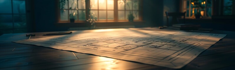 Fototapete - A serene room with a detailed map on a wooden table, illuminated by soft sunlight streaming through a window.