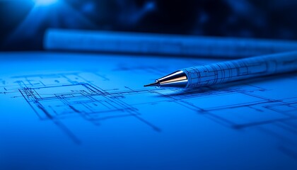 Fototapete - A close-up of a silver pen resting on a blueprint, highlighting the intricate design details under a soft blue light.