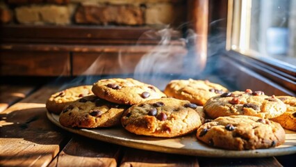 Aufkleber - Freshly baked chocolate chip cookies, still warm and steaming, on a wooden surface, bathed in natural sunlight.