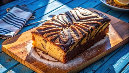 Poster - A Swirled Chocolate and Vanilla Loaf Cake, Freshly Baked and Dusted with Powdered Sugar, Resting on a Wooden Cutting Board, Bathed in Sunlight