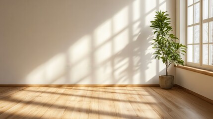 Poster - A spacious, empty room featuring a potted plant bathed in warm sunlight, with wooden flooring and large windows casting shadows across the space.