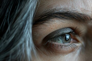 Close-up of a woman's eye with gray hair