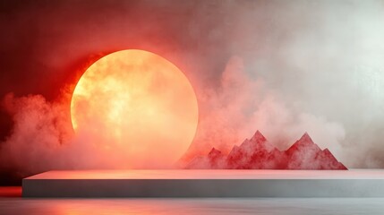 Poster - a massive glowing orange sun sits beside stylized, geometric mountains partially concealed by mist, 
