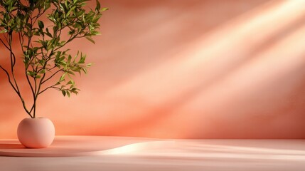 Poster - A minimalist potted plant sits on a smooth surface, casting long, dramatic shadows on a coral-colored wall, creating a sense of modern tranquility.