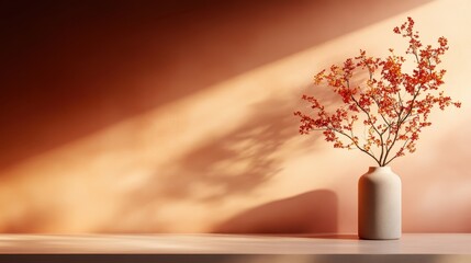 Poster - Delicate, sunlit branches in a simple vase cast intricate, artistic shadows on a soft, orange wall, evoking a sense of warmth and peacefulness.