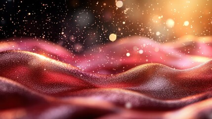Poster - This abstract image features a shimmering fabric with waves, resembling red silk, covered in delicate glittering particles against a soft background with warm lighting.
