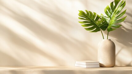 Poster - A tranquil scene featuring large green leaves in a ceramic vase alongside two books, all placed on a beige surface with soft light creating shadows.