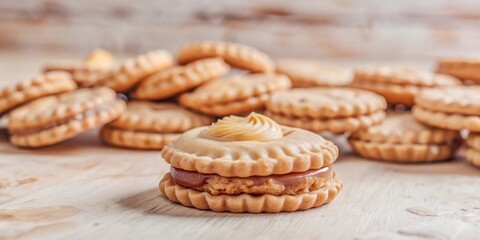 Poster - A close-up of a single caramel-filled cookie with a dollop of creamy filling on top, surrounded by a blurred background of other cookies on a wooden surface.