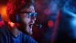© Larisa AI - A passionate gamer in the heat of a game, expressing intensity as he shouts into his headset, surrounded by a dimly lit room with vibrant lighting accents.