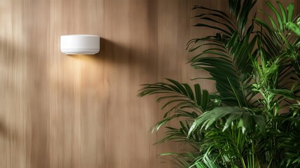 Poster - A cozy wall light casts a warm glow on a wooden wall adorned with lush green foliage, combining natural and modern elements for an inviting interior design.