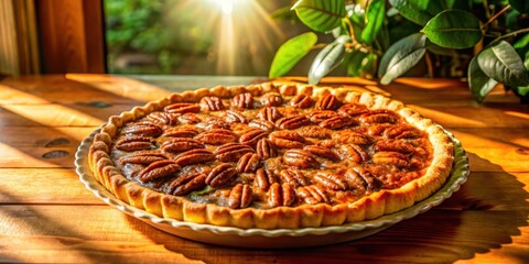 Aufkleber - A golden-brown pecan pie, glistening with a sweet glaze and sprinkled with pecans, sits on a rustic wooden table bathed in warm sunlight.