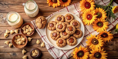 Poster - A plate of homemade chocolate chip cookies on a checkered napkin surrounded by sunflowers and milk in glass jugs