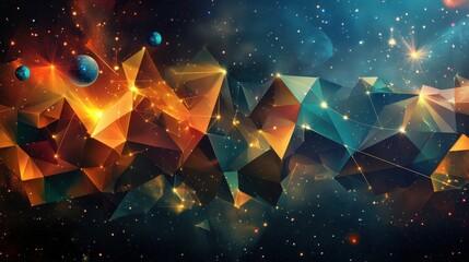 Poster - Explore a stunning polygonal galaxy filled with bright stars and abstract planets