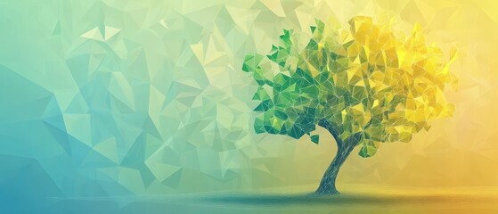 Poster - Explore the beauty of an abstract polygonal tree with vibrant green and yellow leaves