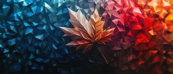 Poster - Explore the beauty of an abstract low-poly maple leaf in vibrant autumn colors