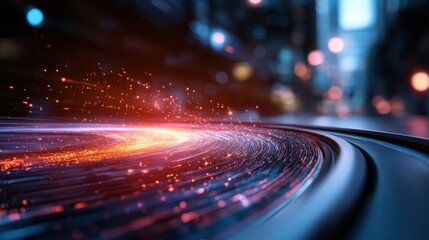 Poster - A glowing track with vibrant sparks, representing high-speed technology, cuts through a futuristic cityscape. The artwork captures energy and innovation.