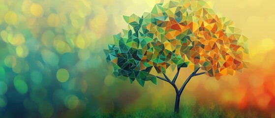 Poster - Explore the beauty of an abstract polygonal tree with vibrant green and yellow leaves