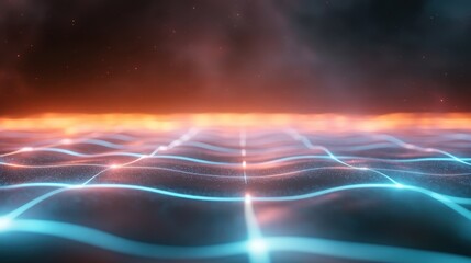 Poster - An awe-inspiring view of a futuristic glowing grid with a radiant horizon, blending abstract designs with a digital technology atmosphere.