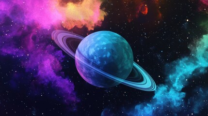 Poster - Explore the vibrant beauty of a lowpoly planet surrounded by rings in a colorful galaxy