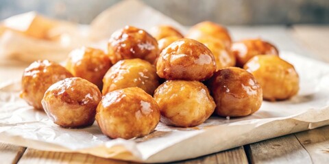 Poster - A pile of golden, caramel-glazed fried dough balls, arranged on a parchment paper-lined surface, ready to be enjoyed.