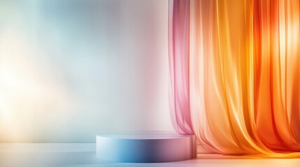 Poster - A serene display featuring pastel-colored curtains draped softly over a pristine white platform, creating an atmosphere of tranquility and elegance with delicate artistic expression.