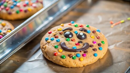 Poster - A smiling cookie decorated with colorful candy sprinkles and chocolate features a happy face on a baking sheet lined with parchment paper