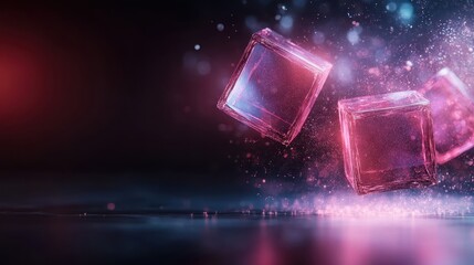 Poster - This image showcases three pink cubes floating in mid-air with a sparkling energy effect, set against a dark background, creating a mystical atmoshpere.