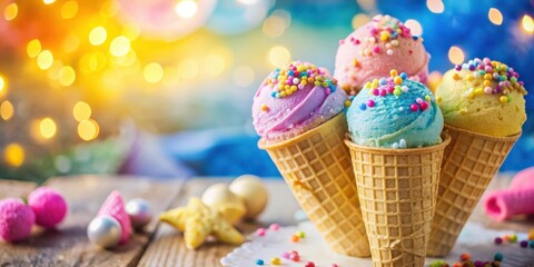 Poster - A colorful trio of ice cream cones topped with sprinkles resting on a wooden surface with a blurred background of warm, festive lights.