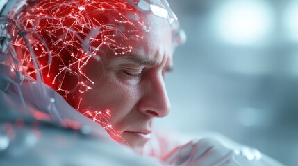 Poster - A high-tech image showcasing a neural interface design, capturing the essence of advanced technology and futuristic thinking with connected red neural pathways.