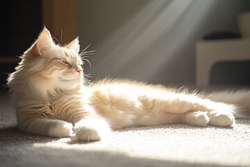 Wall Mural - A cat with long fur is laying on the floor