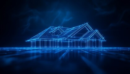 Leinwandbilder - A futuristic digital representation of a house, illuminated in blue neon lights against a dark background.
