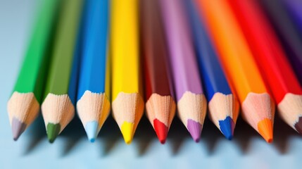 brightly colored pencils arrayed in a neat row, displaying a spectrum of vibrant hues against a soft