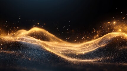 Poster - Abstract representation of golden particles moving over sandy dunes, creating a dynamic and captivating scene, blending energy and tranquility in artistic motion.